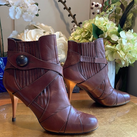 Miu Miu Capretto Stitch Cotto Leather Booties in Brown Leather and Copper